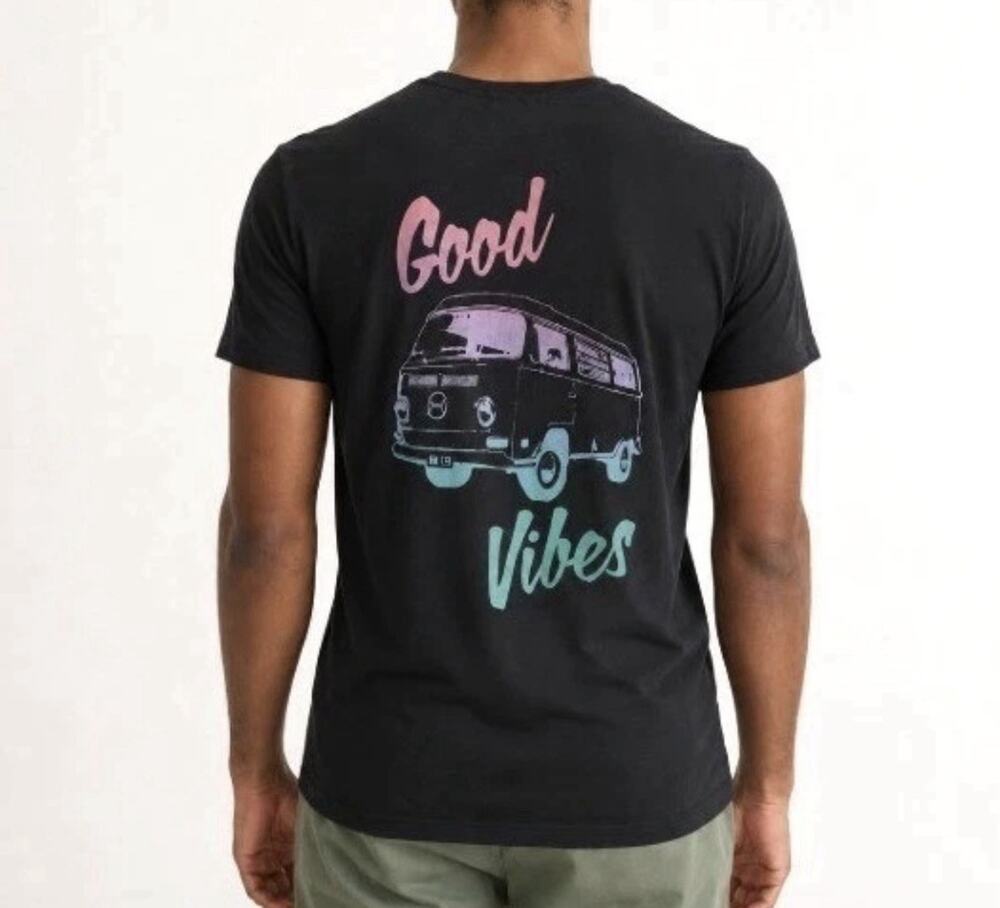 Marine Layer Re-Spun GOOD VIBES V.W. Kombi Bus Faded Black Men's T-Shirt L